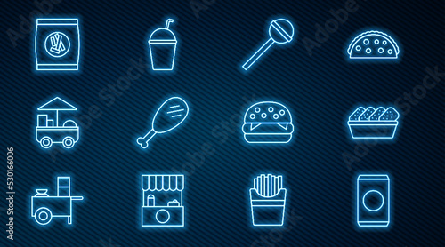 Set line Soda can with straw, Chicken nuggets in box, Lollipop, leg, Fast street food cart, Hard bread chucks crackers, Burger and Milkshake icon. Vector