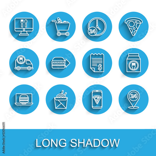 Set line Online ordering burger delivery, Asian noodles and chopsticks, Food pizza, Round the clock, and Paper financial check icon. Vector