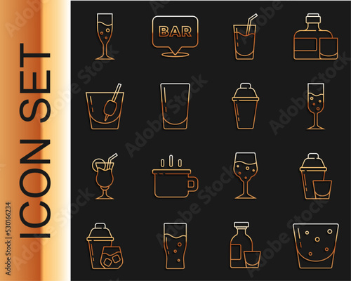 Set line Glass of rum, Cocktail shaker, champagne, with water, Bloody Mary, and icon. Vector