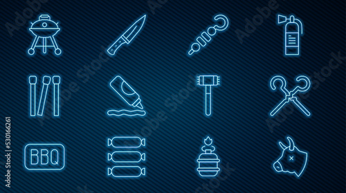 Set line Cow head, BBQ skewers, Grilled shish kebab, Ketchup bottle, Matches, Barbecue grill, Kitchen hammer and Meat chopper icon. Vector