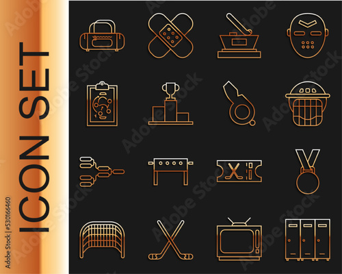 Set line Locker or changing room, Medal, Hockey helmet, Ice hockey cup champion, over sports winner podium, Planning strategy, Sport bag and Whistle icon. Vector