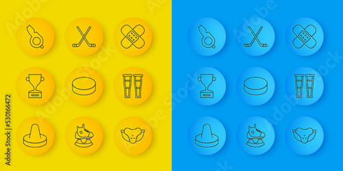 Set line Mallet for playing air hockey, Award cup, Hockey puck, Protective sport jockstrap, Crutch crutches, Whistle, Crossed bandage plaster and Ice sticks icon. Vector
