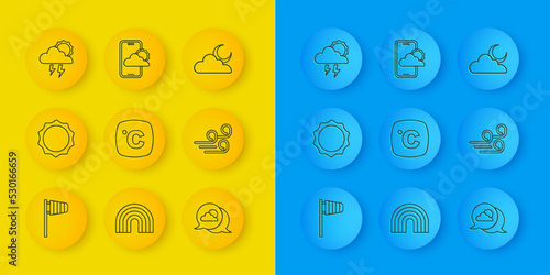 Set line Cone windsock wind vane, Sun, Celsius, Location cloud, Windy weather, Storm, Cloud with moon and Weather forecast icon. Vector
