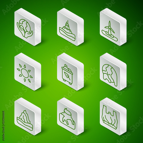 Set line Say no to plastic bags poster, Deforestation, Hand holding Earth globe, Recycle bin with recycle, Sun, Floating buoy the sea, Iceberg and Global warming icon. Vector