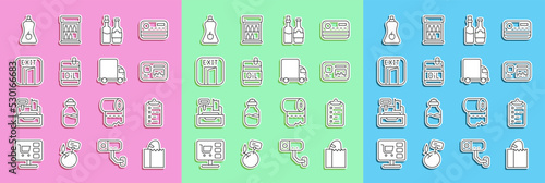 Set line Paper bag with bread loaf, Shopping list, Identification badge, Whiskey bottle, Bottle of olive oil, Fire exit, Sauce and Delivery cargo truck icon. Vector