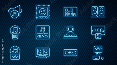 Set line Music recording studio, wave equalizer, player, Pause button, Speaker volume, DJ playing music and LSD acid mark icon. Vector