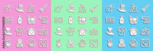 Set line Dating app online, Volunteer id card or badge, Rescue helicopter, Emergency medical tent, Bottle of water, Donation and charity, Heart with dog and Free overnight stay house icon. Vector