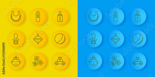 Set line Little girl head, Baby dummy pacifier, Whirligig toy, Toy car, Beach ball, bib, bottle and Pregnancy test icon. Vector