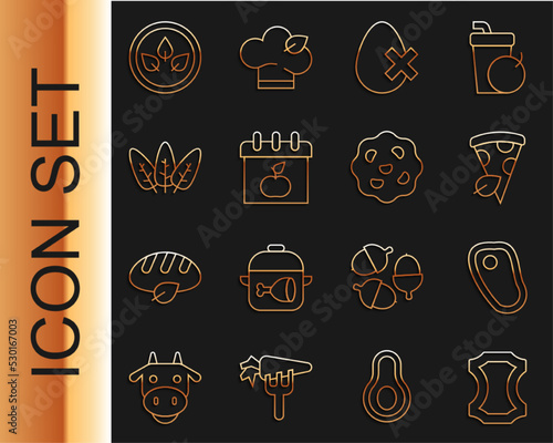 Set line Leather, Steak meat, Vegan pizza slice, No egg, World Vegetarian day, Leaf, food diet and Cookie biscuit icon. Vector