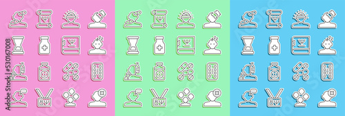 Set line Solution problem in psychology, Sedative pills, Dreams, Concussion, headache, Old hourglass, and Psychology book icon. Vector