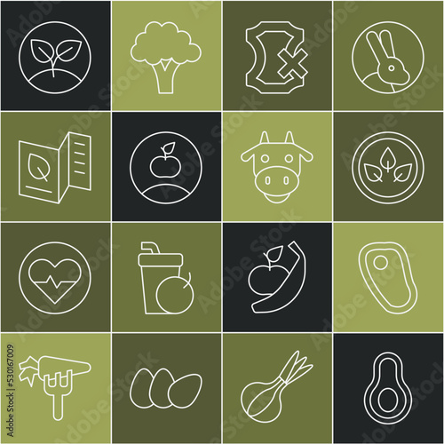 Set line Avocado fruit, Steak meat, Vegan food diet, No leather, Apple, Vegetarian menu, Sprout and Cow head icon. Vector