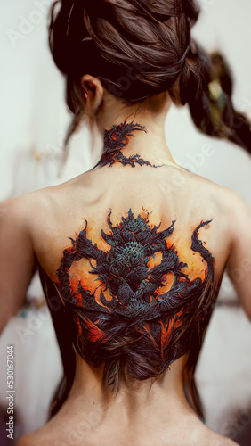 The back of a girl with dragon tattoo photo