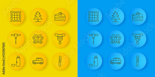 Set line Thermos container, Wine corkscrew, Butterfly, Knife, Sausage the fork, Checkered napkin, Piece of cake and Tree icon. Vector