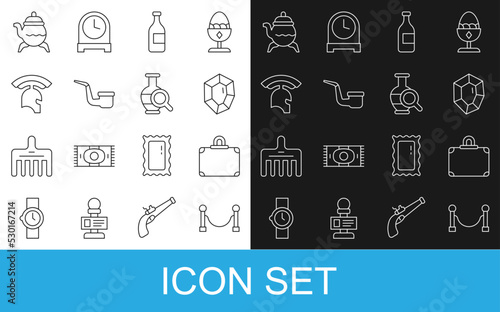 Set line Rope barrier, Suitcase, Gem stone, Bottle of wine, Smoking pipe, Roman army helmet, Classic teapot and Ancient amphorae icon. Vector
