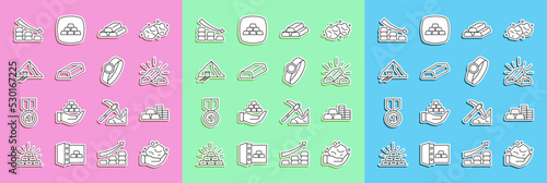 Set line Gold nugget, coin with gold bars, mine, Falling arrow and ring icon. Vector