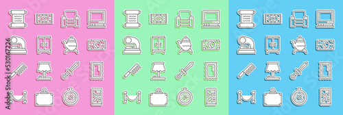 Set line Portable video game console, Big full length mirror, Stacks paper money cash, Armchair, Wardrobe, Old gramophone, Papyrus scroll and Classic teapot icon. Vector