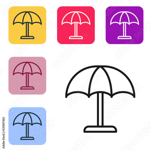 Black line Sun protective umbrella for beach icon isolated on white background. Large parasol for outdoor space. Beach umbrella. Set icons in color square buttons. Vector