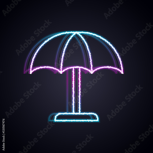 Glowing neon line Sun protective umbrella for beach icon isolated on black background. Large parasol for outdoor space. Beach umbrella. Vector