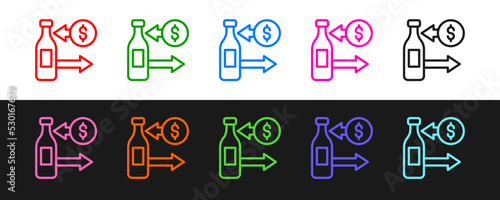 Set line Reception and sale of glass bottles icon isolated on black and white background. Vector