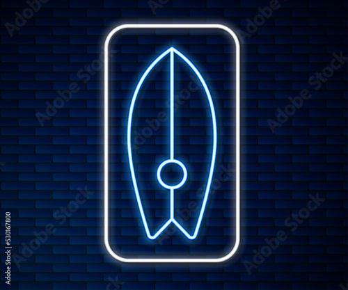 Glowing neon line Surfboard icon isolated on brick wall background. Surfing board. Extreme sport. Sport equipment. Vector