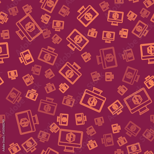 Brown line Monitor with art store app icon isolated seamless pattern on red background. Technology of selling NFT tokens for cryptocurrency. Non fungible token concept. Vector