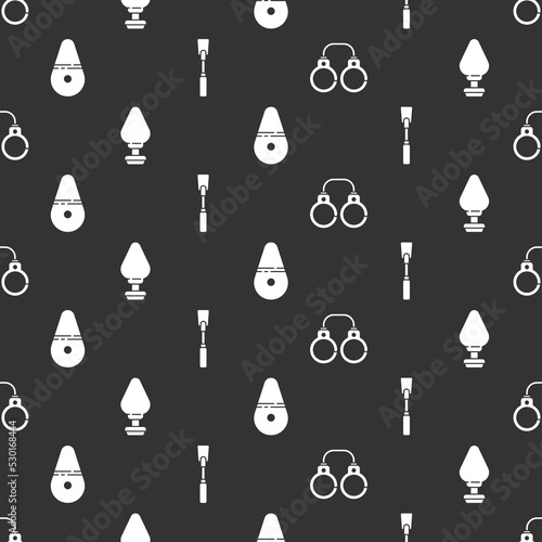 Set Sexy fluffy handcuffs, Anal plug, Dildo vibrator and Leather whip on seamless pattern. Vector