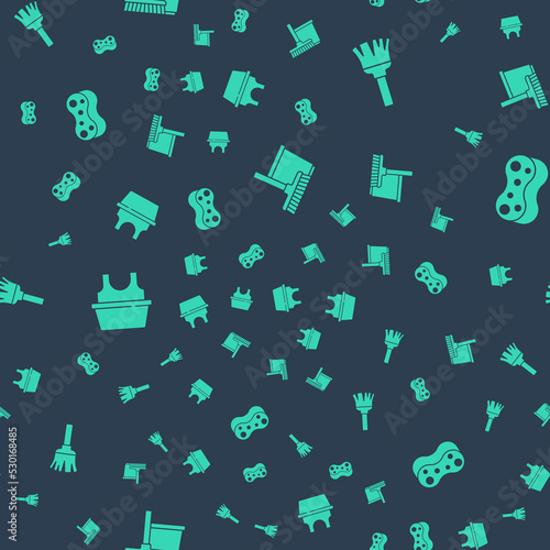 Set Mop and bucket, Feather broom, Basin with shirt and Sponge on seamless pattern. Vector