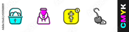 Set Basket with easter eggs, Monk, Online church pastor preaching and Magic staff icon. Vector