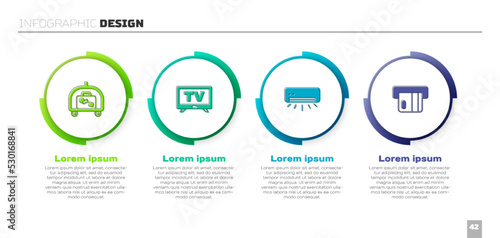 Set Hotel luggage cart, Smart Tv, Air conditioner and Credit card. Business infographic template. Vector