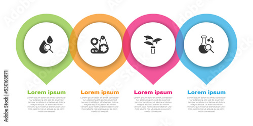 Set Drop and magnifying glass, Timing belt kit, Plant breeding and Test tube. Business infographic template. Vector