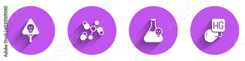 Set Bones and skull, Chemical formula, Beaker with toxic liquid and Drop of mercury icon with long shadow. Vector