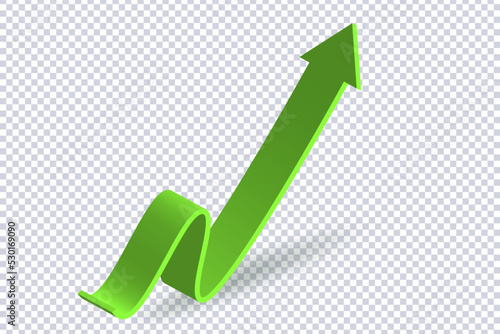 Growing Green Arrow up. Growth chart sign. Flexible arrow indication statistic. Colorful curve arrow of trend on transparent. Trading stock news impulses. Trade infographic. Realistic 3d vector design