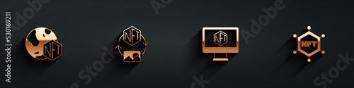 Set NFT Digital crypto art, Monitor with store app and blockchain technology icon with long shadow. Vector