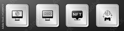 Set Monitor with art store app, Binary code, NFT Digital crypto and icon. Silver square button. Vector