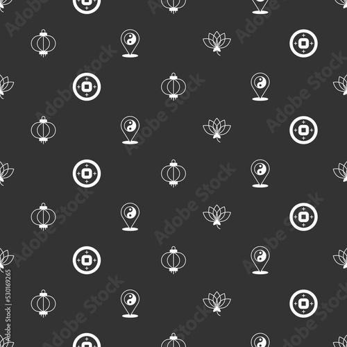 Set Lotus flower, Chinese Yuan currency, paper lantern and Yin Yang symbol on seamless pattern. Vector