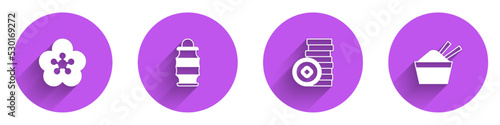 Set Lotus flower, Chinese paper lantern, Yuan currency and ice bowl with chopstick icon with long shadow. Vector