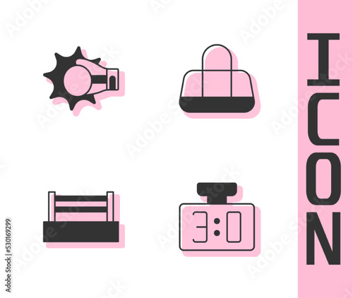 Set Sport mechanical scoreboard, Punch in boxing glove, Boxing ring and bag icon. Vector
