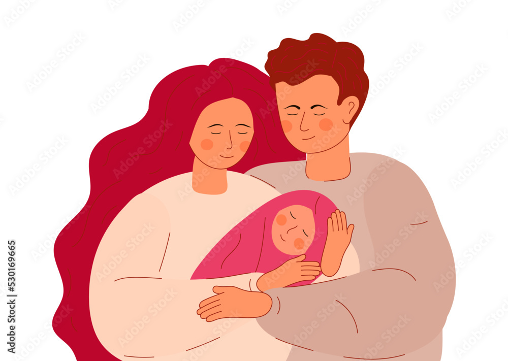 Husband hugs his wife. A young woman holds her baby, little daughter in her arms. Husband hugs his wife. A young woman holds her baby, little daughter in her arms.