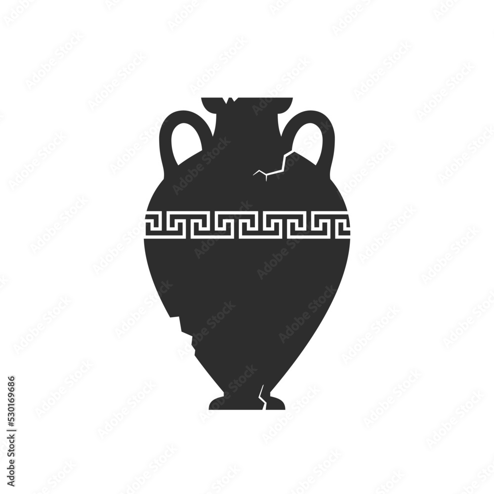 Broken amphorae silhouette. Cracked ancient greek vase with meander pattern. Antique ceramic jar or vessel. Old clay pottery. Vector Broken amphorae silhouette. Cracked ancient greek vase with meander pattern. Antique ceramic jar or vessel. Old clay pottery. Vector