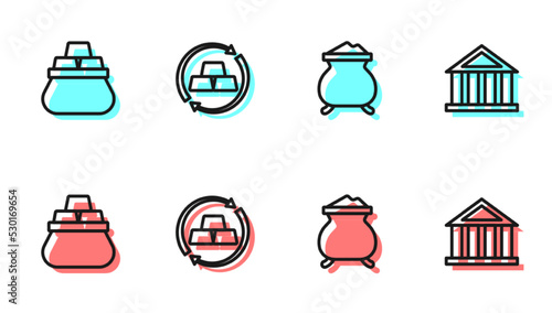 Set line Molten gold being poured, Bag of bars, Gold exchange money and Bank building icon. Vector