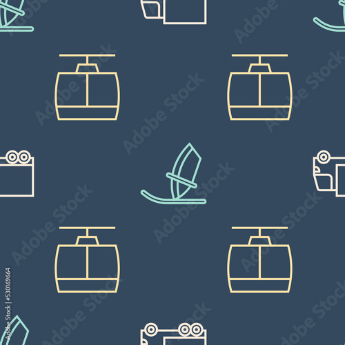 Set line Delivery cargo truck, Cable and Windsurfing on seamless pattern. Vector