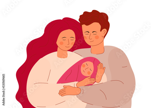 Husband hugs his wife. A young woman holds her baby, little daughter in her arms.
