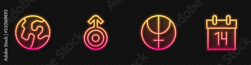 Set line Neptune planet, Earth globe, Symbol Uranus and Calendar. Glowing neon icon. Vector