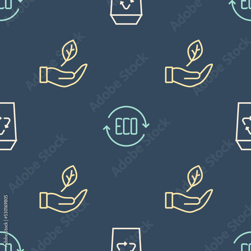 Set line Recycle bin, Leaf hand and Eco symbol on seamless pattern. Vector