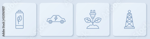 Set line Eco nature leaf battery, Electric saving plug in, car and Oil rig. White square button. Vector