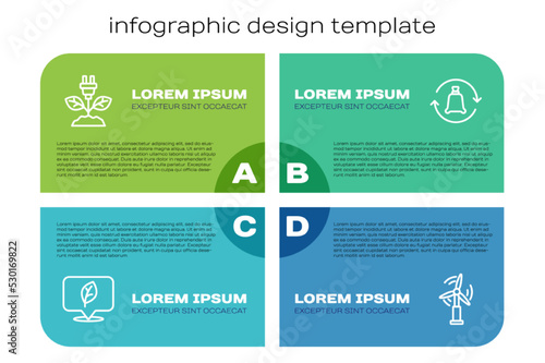 Set line Location with leaf, Electric saving plug in, Wind turbine and Garbage bag recycle. Business infographic template. Vector