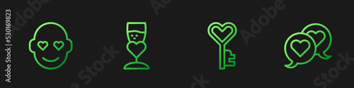 Set line Key in heart shape, Romantic man, Glass of champagne and Heart speech bubble. Gradient color icons. Vector