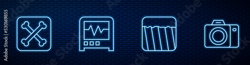 Set line Ground, Archeology, Seismograph and Photo camera. Glowing neon icon on brick wall. Vector