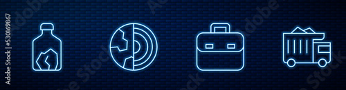 Set line Briefcase, Ore mining, Earth core structure crust and Mining dump truck. Glowing neon icon on brick wall. Vector