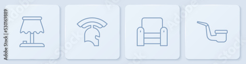Set line Table lamp, Armchair, Roman army helmet and Smoking pipe. White square button. Vector